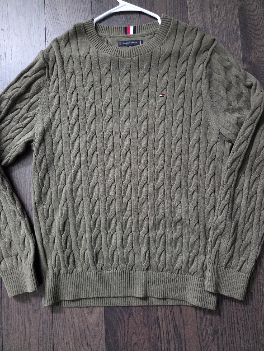 Tommy Hilfiger Olive Green Cable-Knit Crewneck Sweater
